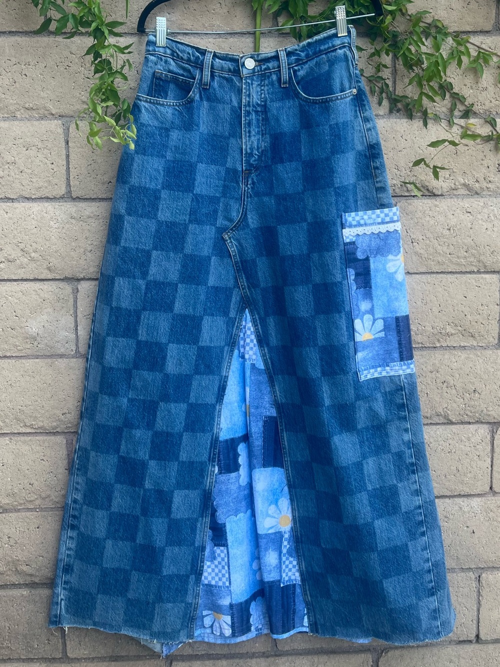 Frame Denim Blue Checked Denim Maxi Skirt - Custom Made